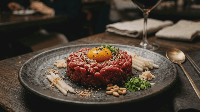 Fresh raw beef topped with egg yolk