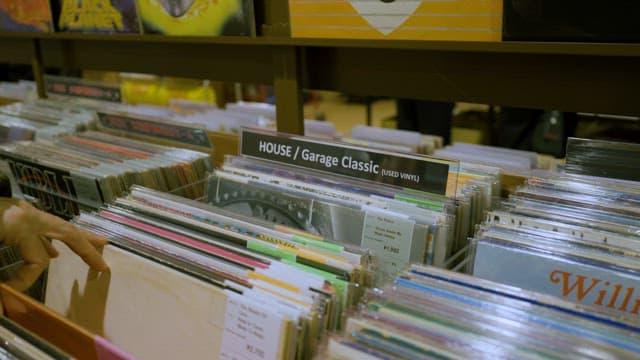 Browsing Through Vinyl Records at a Music Store