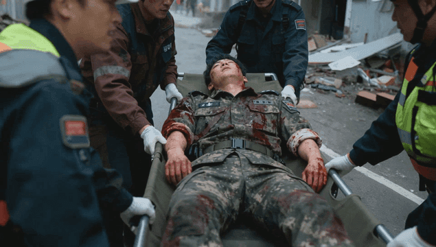 부상당한 군인을 옮기는 구조대