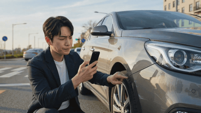 Man checking car damage on his cell phone