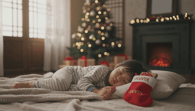 크리스마스 트리 옆에서 자는 아이