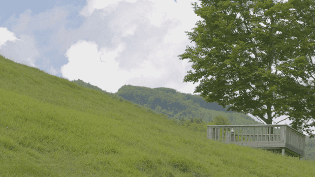 구름 낀 하늘 아래 가파른 잔디밭