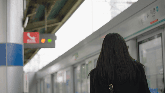 Back of a woman boarding a train that has arrived at the subway platform