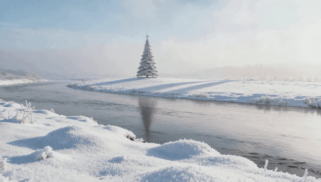 Snow-covered landscape with a river