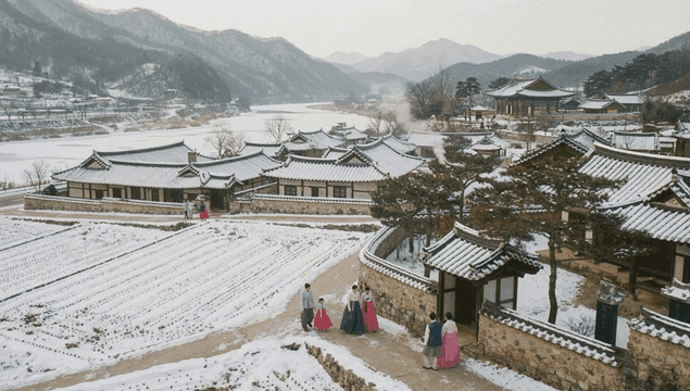 Traditional Hanok Village in Winter Snow