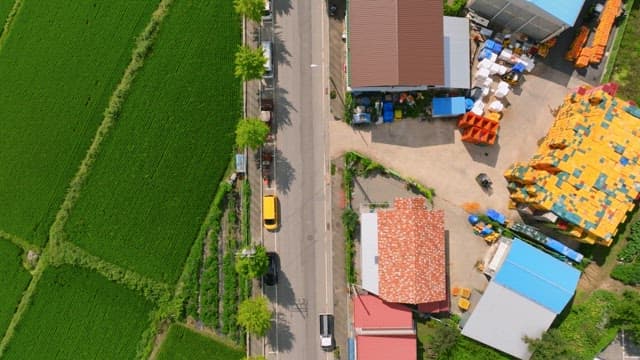 Rural village with fields and roads