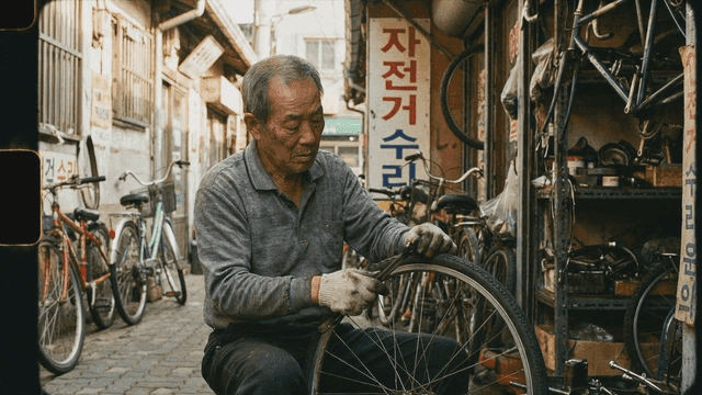 Old man repairing bicycle in alley