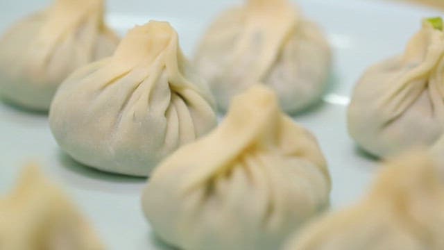 흰 접시에 놓인 갓 빚은 만두