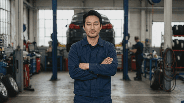 Mechanic standing confidently at car repair shop
