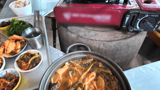 Korean set meal with braised fish and tofu