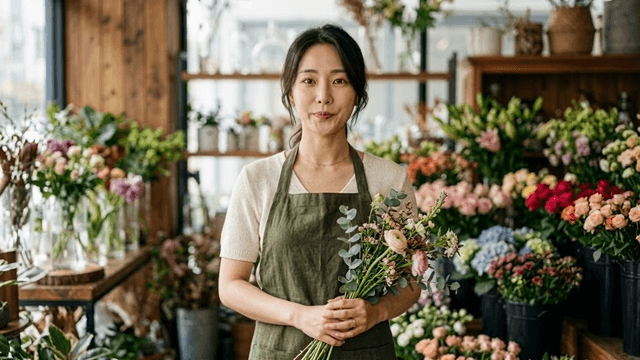 Florist holding bouquet at flower shop
