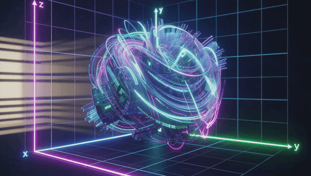 Glowing digital sphere in grid cavity