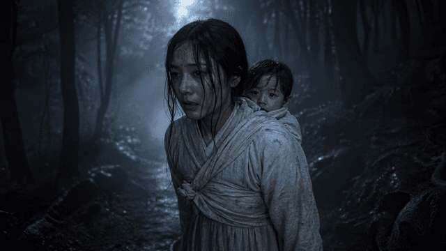 Woman in Hanbok carrying child into dark forest
