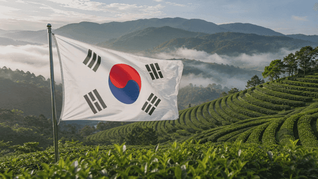 푸른 녹차밭 위에 휘날리는 태극기