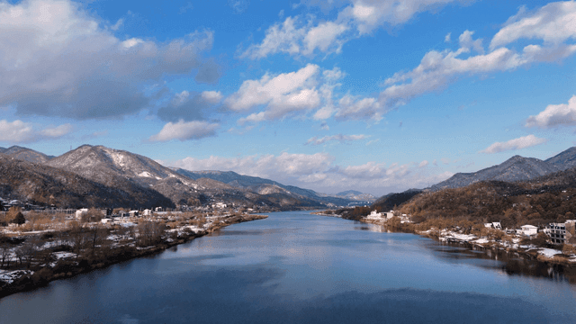 Quiet river flowing between snow-covered mountains