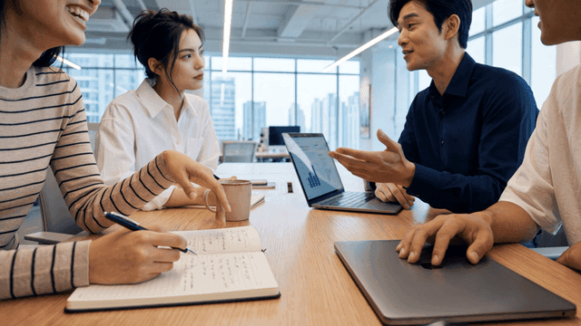 Office workers communicating with laptops and notebooks displaying charts