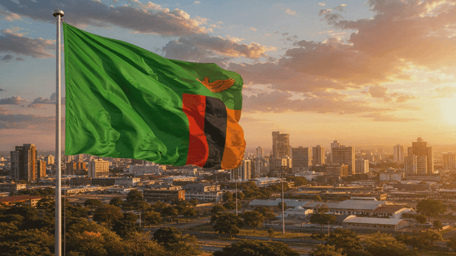 City skyline with Zambian flag at sunset