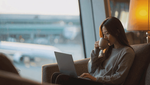 공항 라운지에서 커피를 즐기는 여성