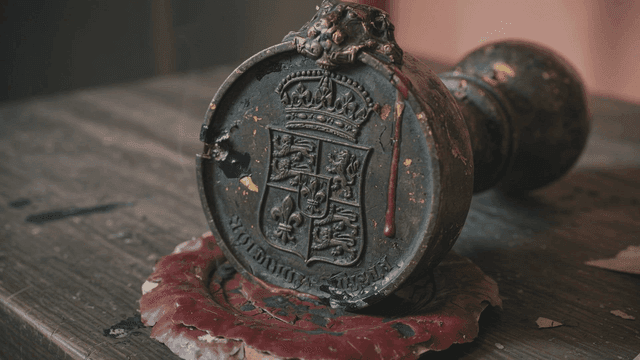 Antique wax seal featuring European medieval royal coats of arms.