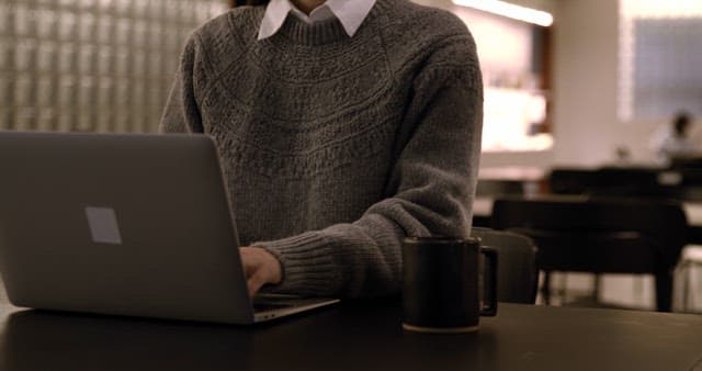 Person Using a Laptop in a Cafe with Modern Interior