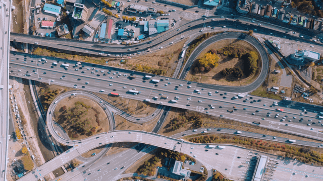 Aerial view of a busy highway interchange