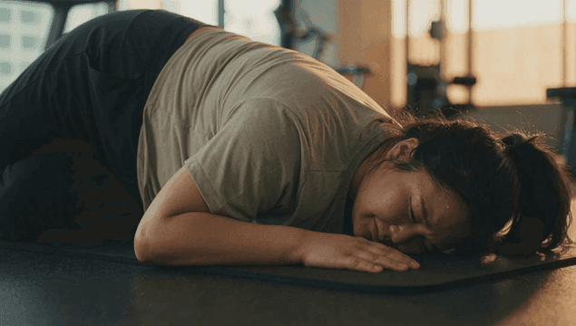 Fat woman suffering on yoga mat at gym