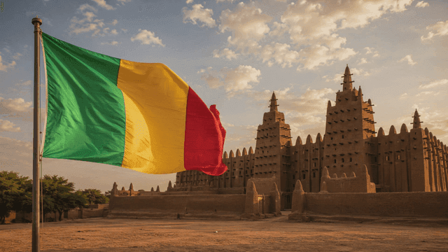 Historic mosque with Malian flag
