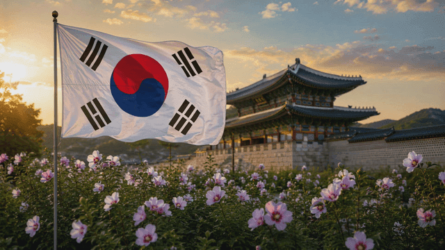 Korean flag waving near traditional palace
