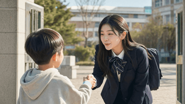 Female student greeting child at school