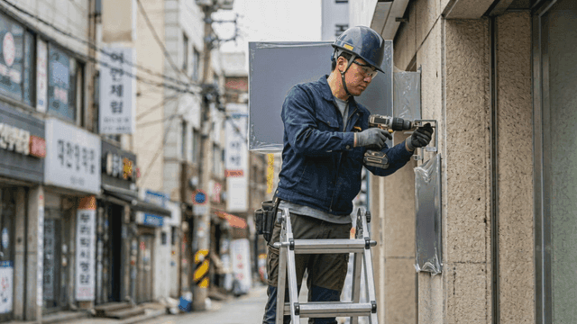 Worker installing sign on building