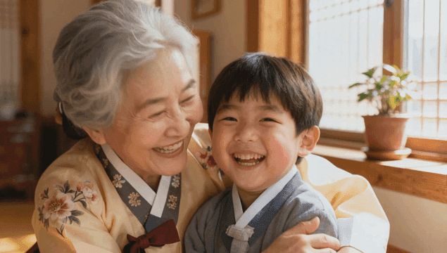 포옹하며 미소짓는 한복 입은 할머니와 손자