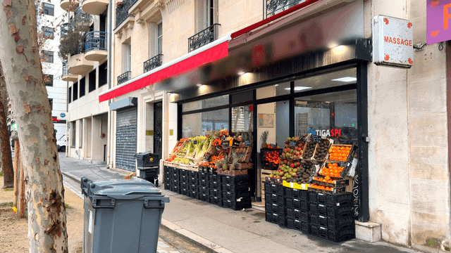 Grocery store on European street with fresh produce