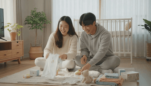 아늑한 거실에서 아기 옷을 준비하는 신혼부부