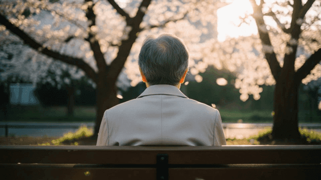 벚꽃 아래 벤치에 앉아 있는 노인 남자의 뒷모습