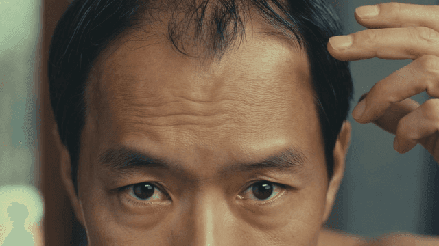 Middle-aged men closely examining hair loss