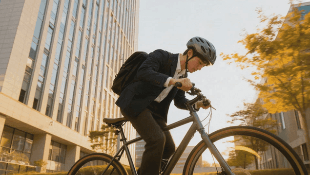 Office worker commuting home by bicycle at sunset
