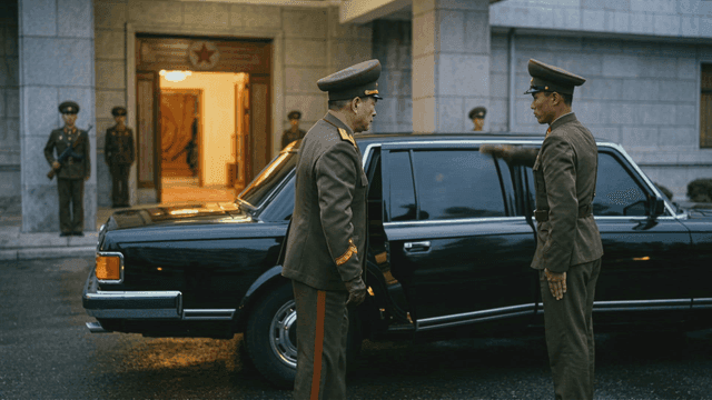North Korean military officer getting out of black car