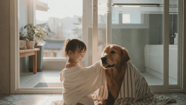 Child drying a dog with a towel indoors