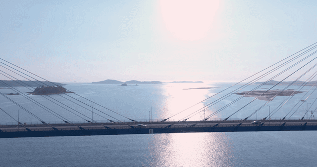Bridges and islands on calm sea