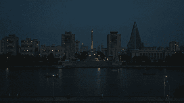North Korean nightscape city skyline with view of river
