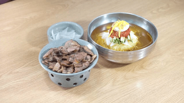 Korean Cold Buckwheat Noodles and grilled meat