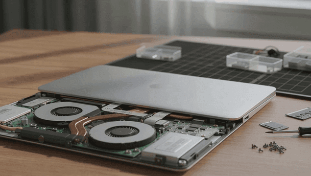 나무 책상 위에 분해된 노트북