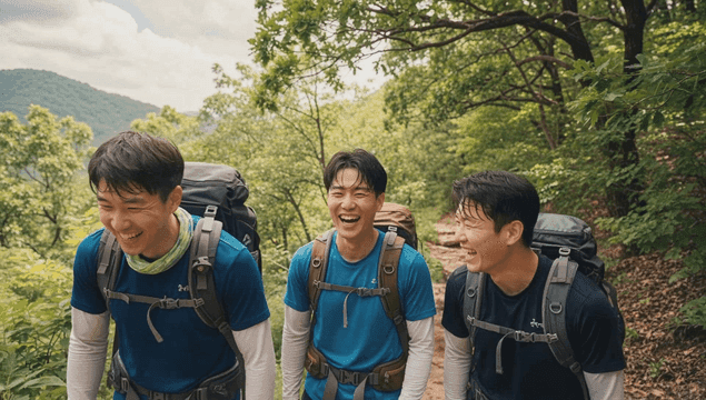 숲에서 하이킹하며 웃고 있는 친구들