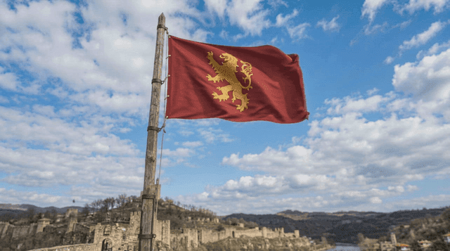 Red French Normandy flag with lion emblem