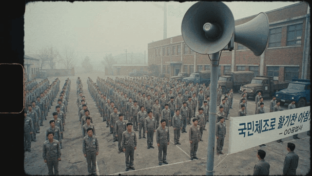 Workers standing in formation at a factory