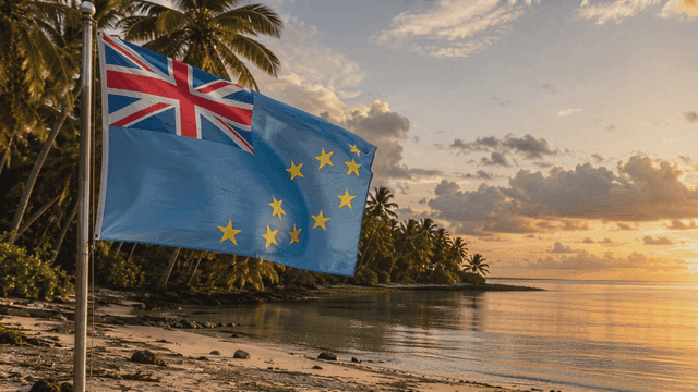 Tuvalu flag fluttering on tropical beach at sunset