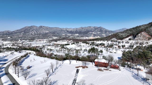 Snow-covered landscape with mountains and trees