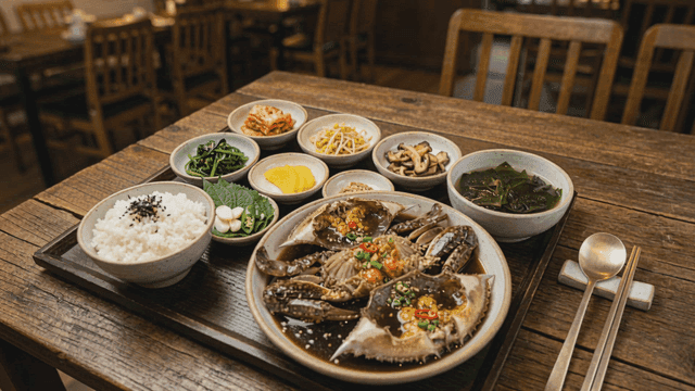 Traditional Korean meal set including soy sauce marinated crab