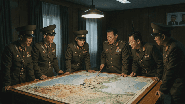 North Korean military officers discussing map