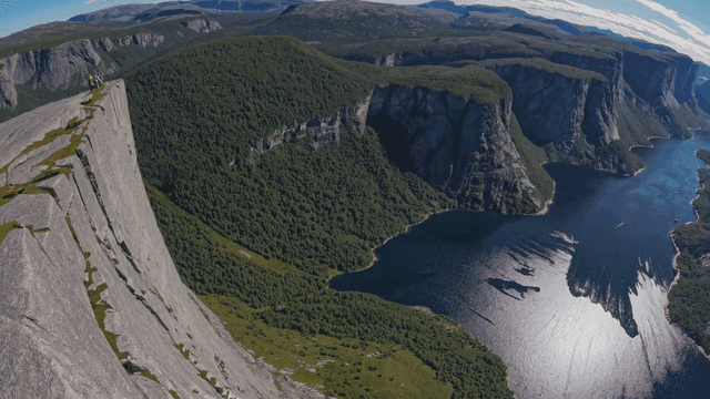 Hikers on a cliff overlooking a vast valley